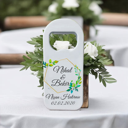 Geometrik Çerçeveli Yeşil Yaprak Tasarımlı – Kişiye Özel Plastik Açacak Magnet