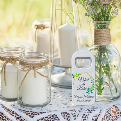 Geometrik Çerçeveli Yeşil Yaprak Tasarımlı – Kişiye Özel Plastik Açacak Magnet