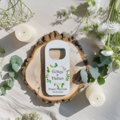 Yeşili Yapraklı Geometrik Çerçeve Tasarımlı – Kişiye Özel Plastik Açacak Magnet