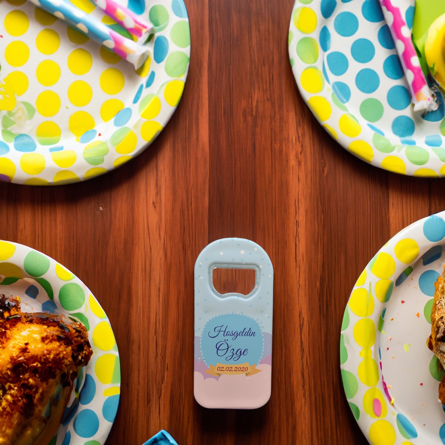 Renkli Zeminli Etiket Temalı Plastik Açacak Magnet | Doğumgünü, Babyshower, Diş Buğdayı ve Sünnet Organizasyonlarınızın Unutulmaz Hatırası!
