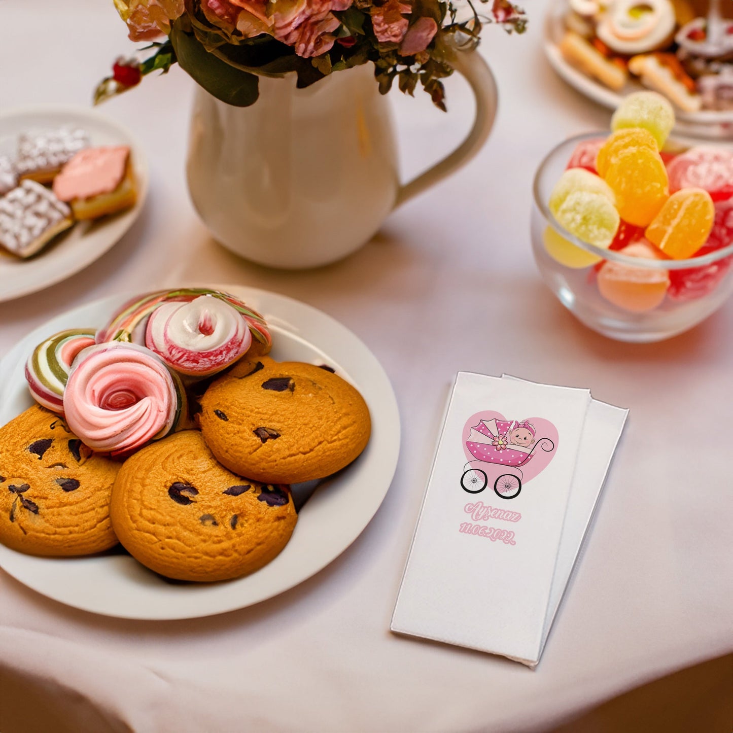 Pembe Kalp ve Bebek Temalı Baskılı Peçeteler - AyDesign.com.tr