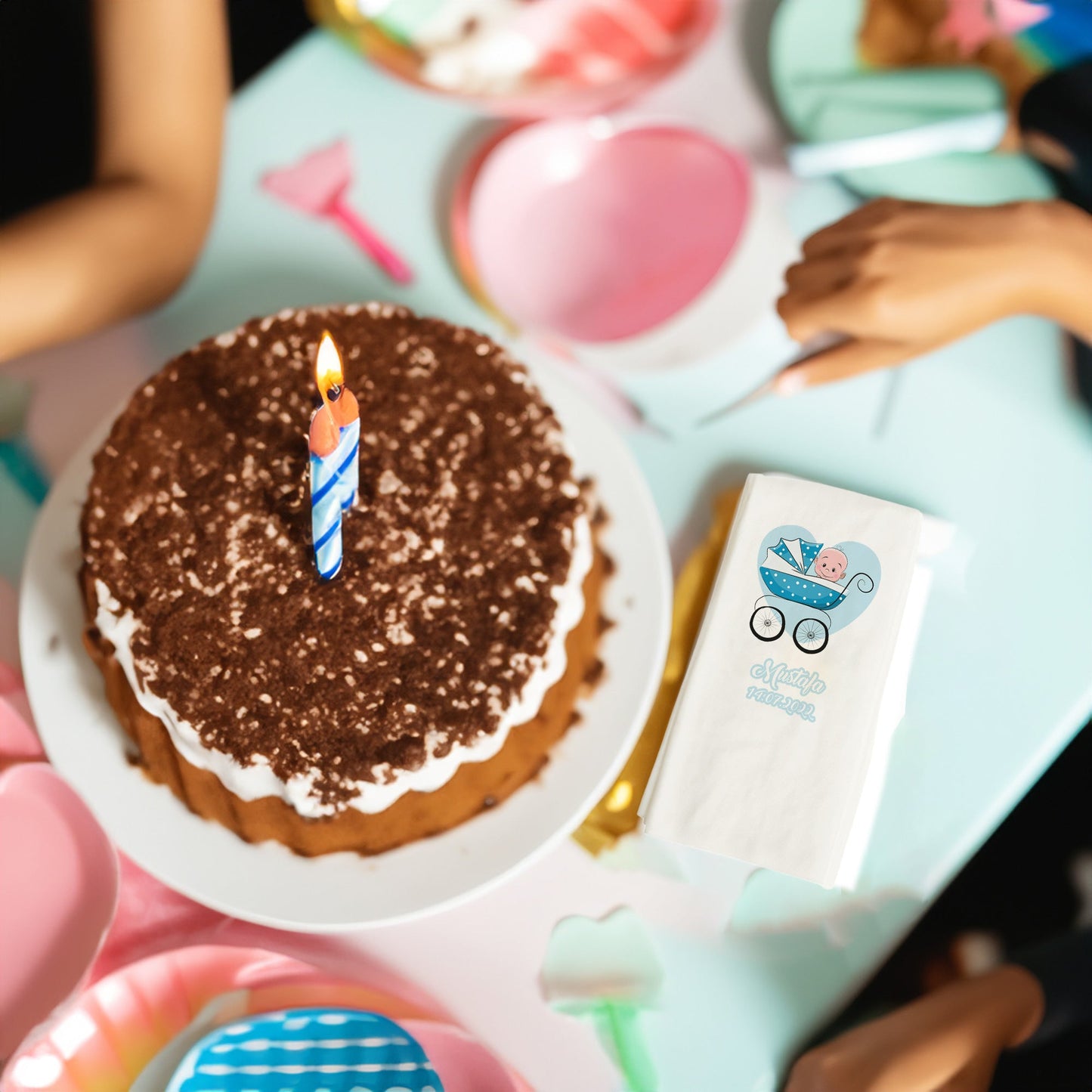 Mavi Kalp ve Bebek Temalı Baskılı Peçeteler - AyDesign.com.tr