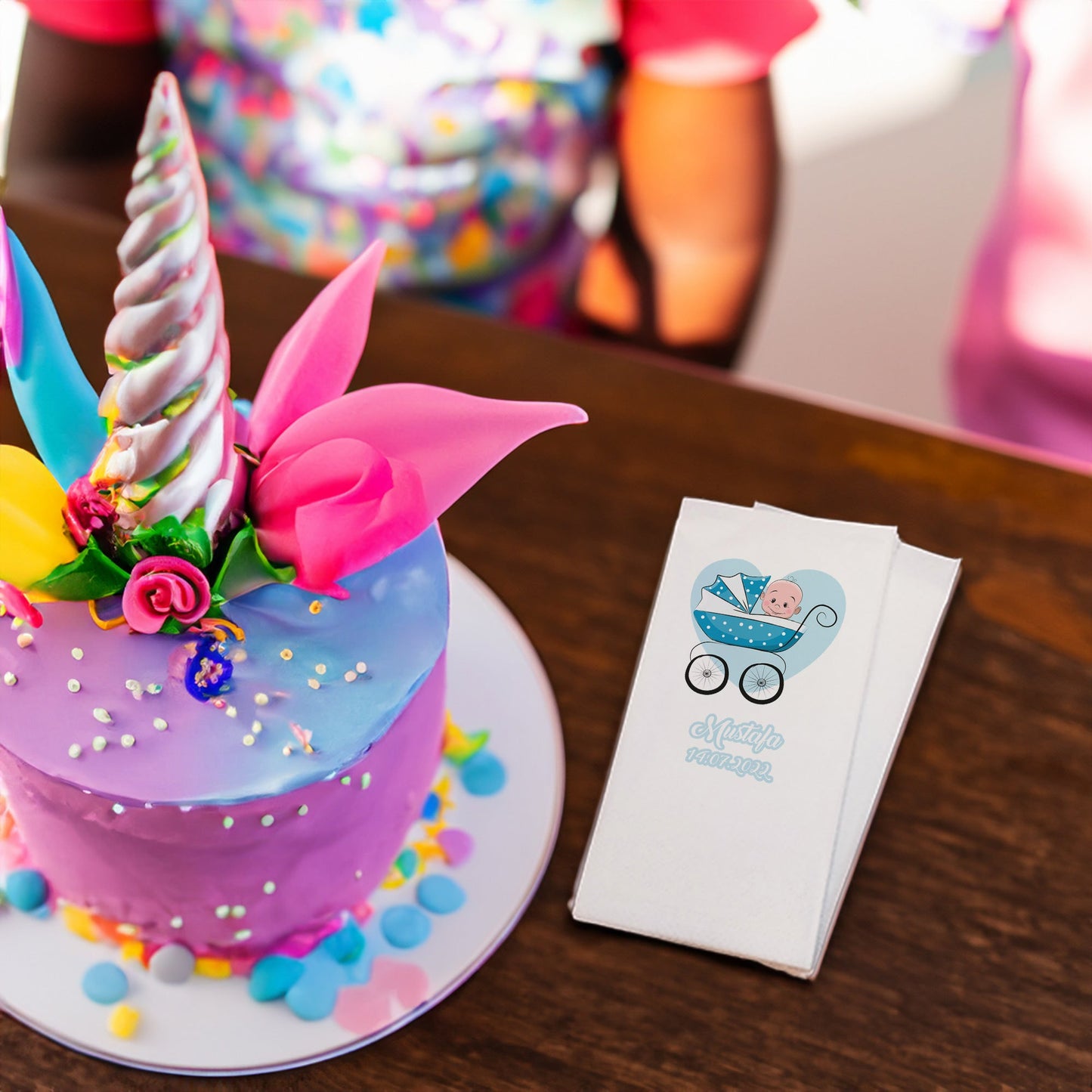 Mavi Kalp ve Bebek Temalı Baskılı Peçeteler - AyDesign.com.tr