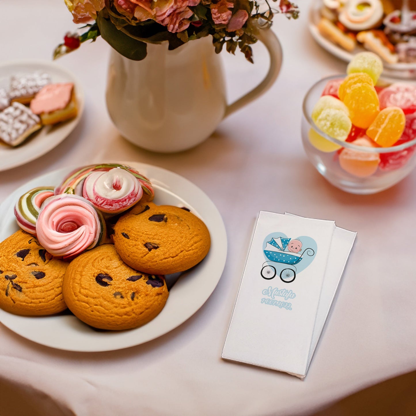 Mavi Kalp ve Bebek Temalı Baskılı Peçeteler - AyDesign.com.tr