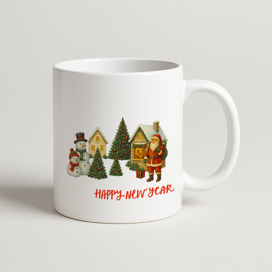 Happy New Year Temalı Kış Köyü Desenli Hediyelik Baskılı Kupa