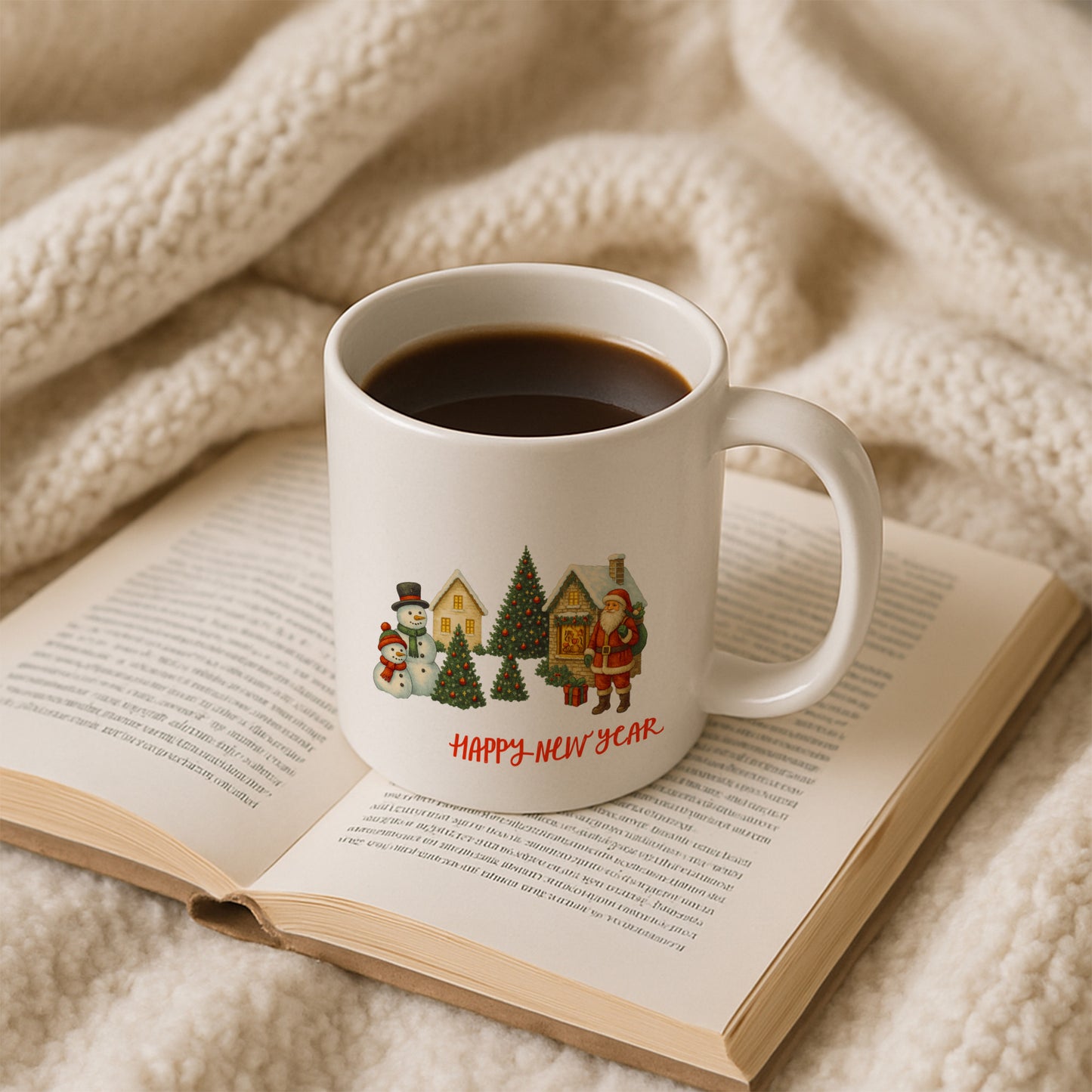 Happy New Year Temalı Kış Köyü Desenli Hediyelik Baskılı Kupa