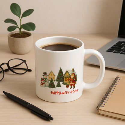 Happy New Year Temalı Kış Köyü Desenli Hediyelik Baskılı Kupa