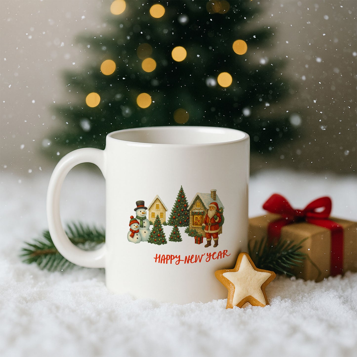 Happy New Year Temalı Kış Köyü Desenli Hediyelik Baskılı Kupa