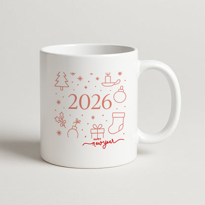 2026 Minimal Yılbaşı İkonları Temalı Hediyelik Baskılı Kupa