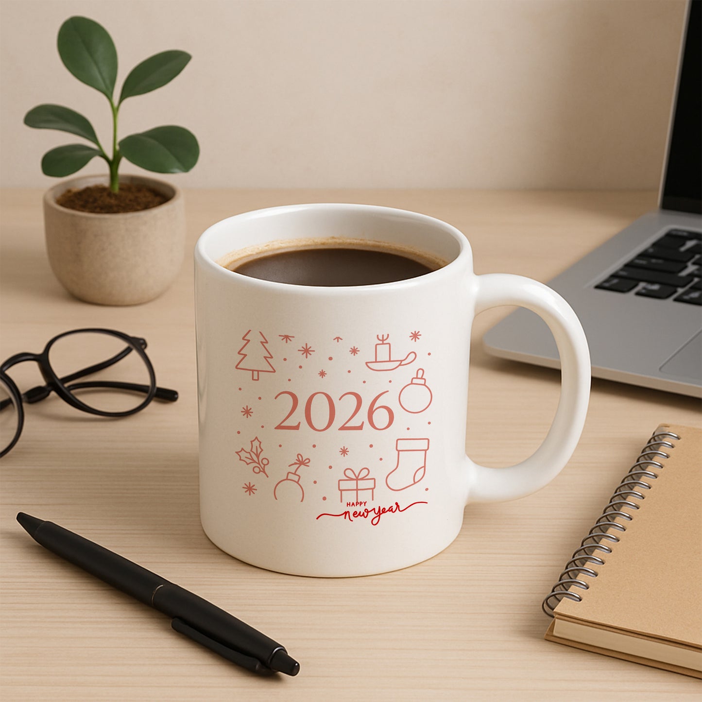 2026 Minimal Yılbaşı İkonları Temalı Hediyelik Baskılı Kupa