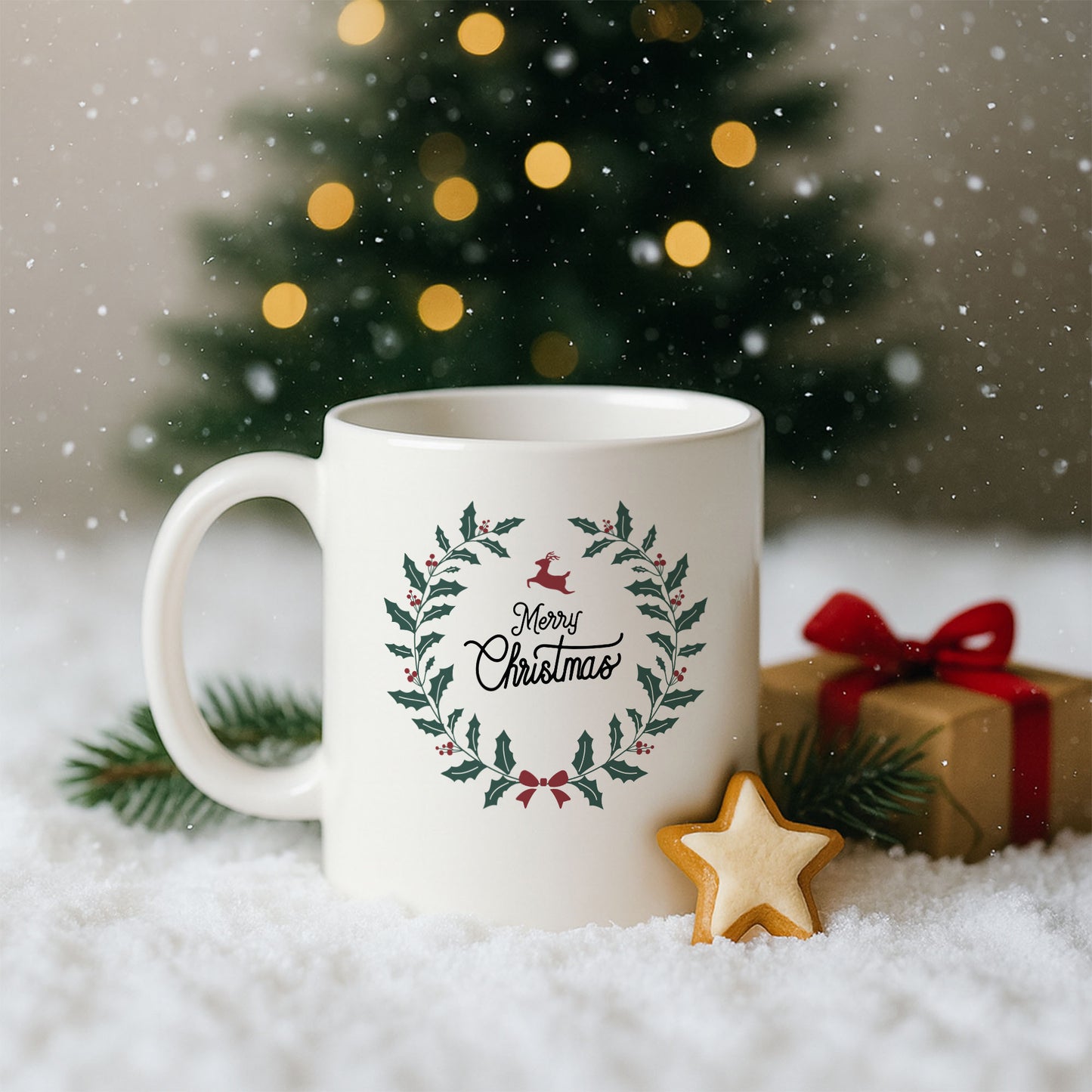 Minimal Çelenk ve Geyik Temalı Hediyelik Baskılı Kupa