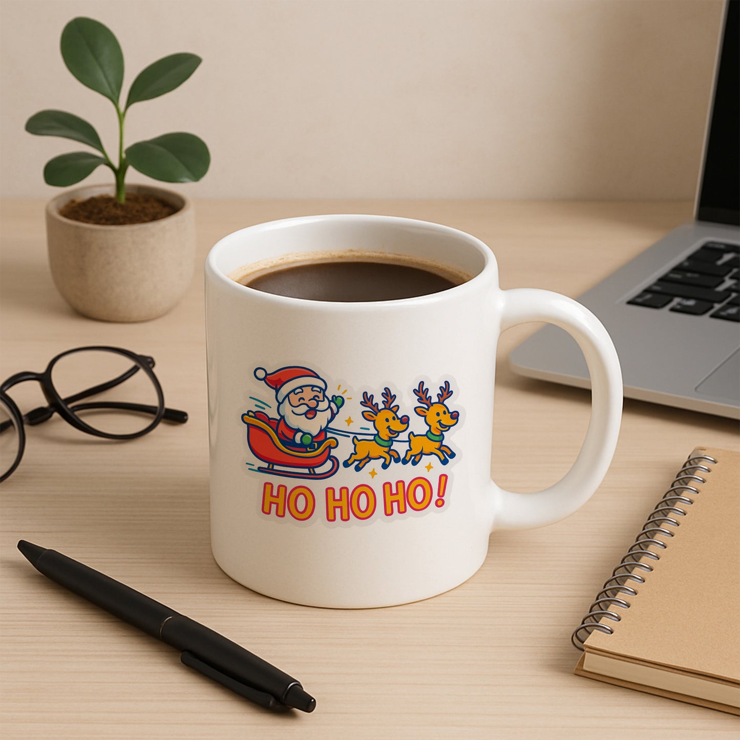 Ho Ho Ho Noel Baba ve Geyik Temalı Hediyelik Baskılı Kupa