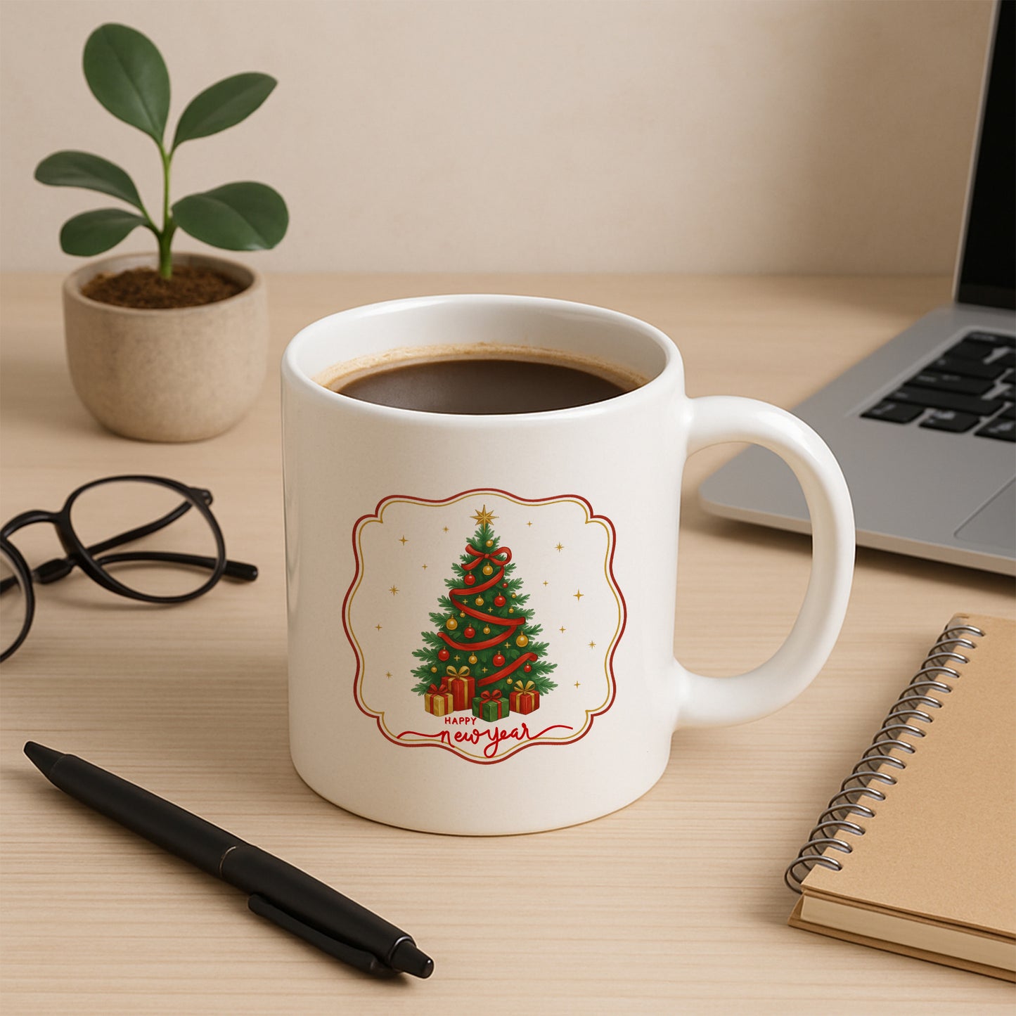 Çam Ağacı Happy New Year Temalı Yılbaşı Baskılı Kupa