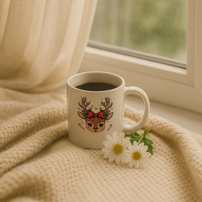 Fiyonk Detaylı Geyik Yüzü Tasarımlı Yılbaşı Baskılı Kupa