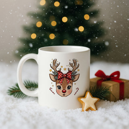 Fiyonk Detaylı Geyik Yüzü Tasarımlı Yılbaşı Baskılı Kupa