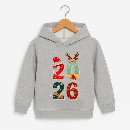 2026 Yılbaşı Temalı Çocuk Sweatshirt – Ren Geyiği & Noel Şapkalı Rakam Tasarımı