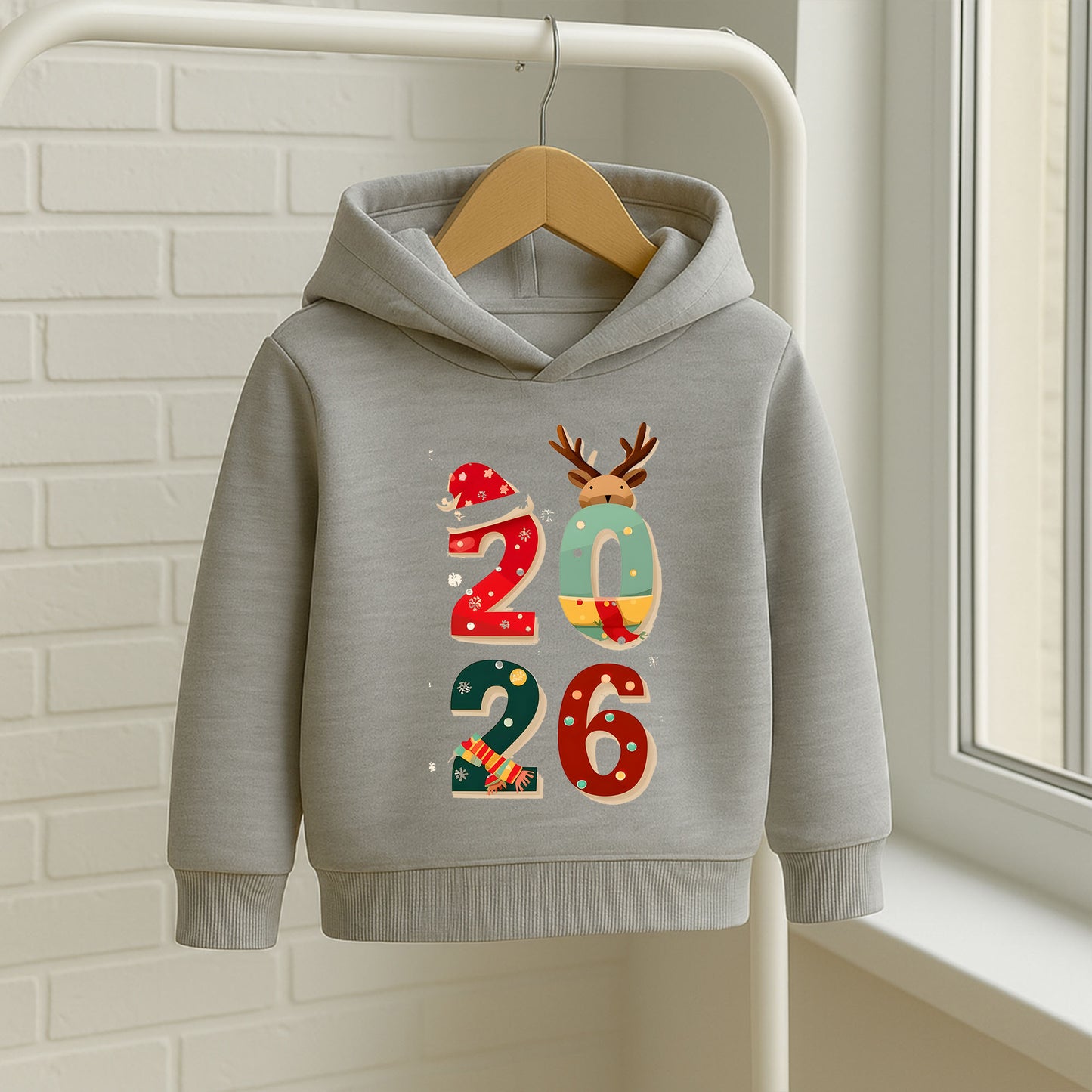 2026 Yılbaşı Temalı Çocuk Sweatshirt – Ren Geyiği & Noel Şapkalı Rakam Tasarımı