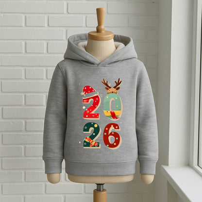 2026 Yılbaşı Temalı Çocuk Sweatshirt – Ren Geyiği & Noel Şapkalı Rakam Tasarımı