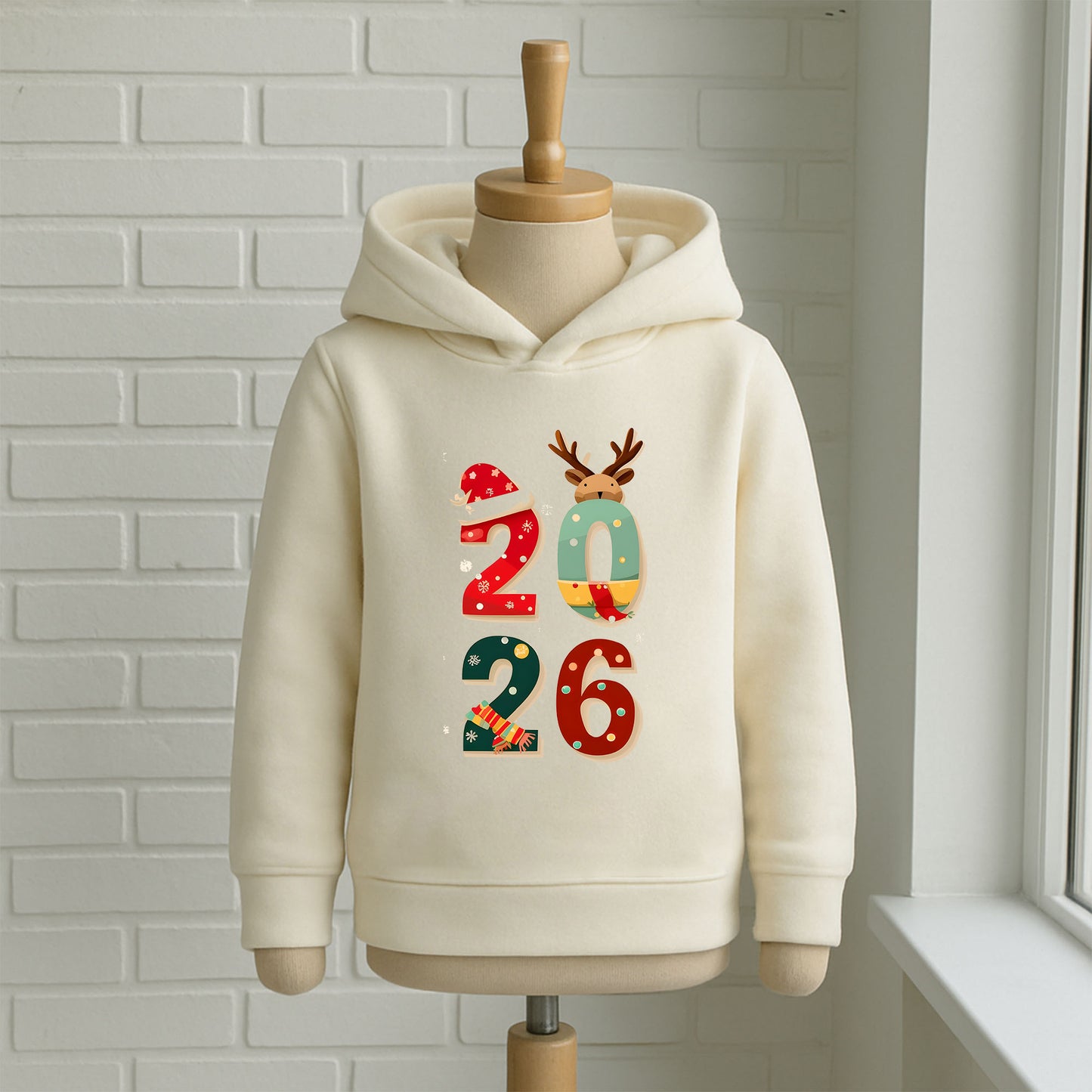2026 Yılbaşı Temalı Çocuk Sweatshirt – Ren Geyiği & Noel Şapkalı Rakam Tasarımı