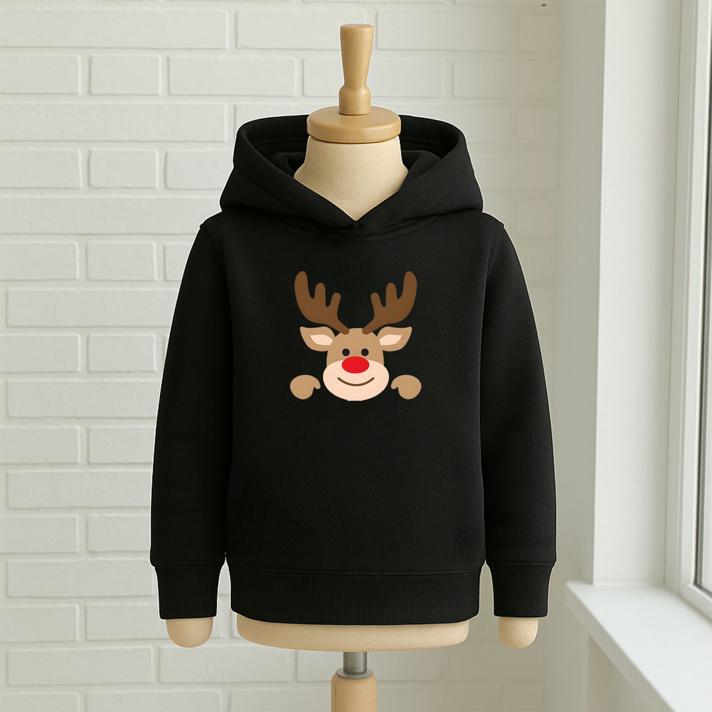 Minimal Yılbaşı Geyik Desenli Bebek & Çocuk Sweatshirt – Kırmızı Burunlu Sevimli Geyik