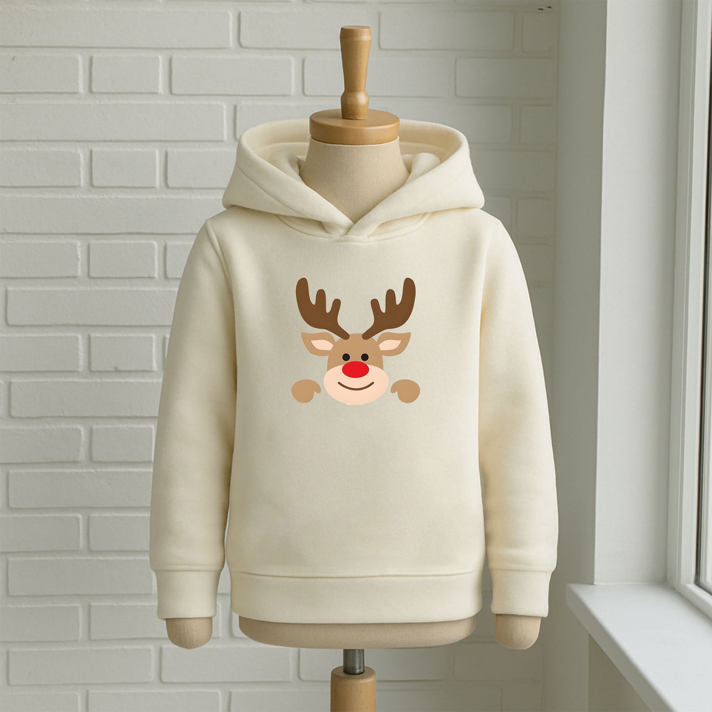 Minimal Yılbaşı Geyik Desenli Bebek & Çocuk Sweatshirt – Kırmızı Burunlu Sevimli Geyik