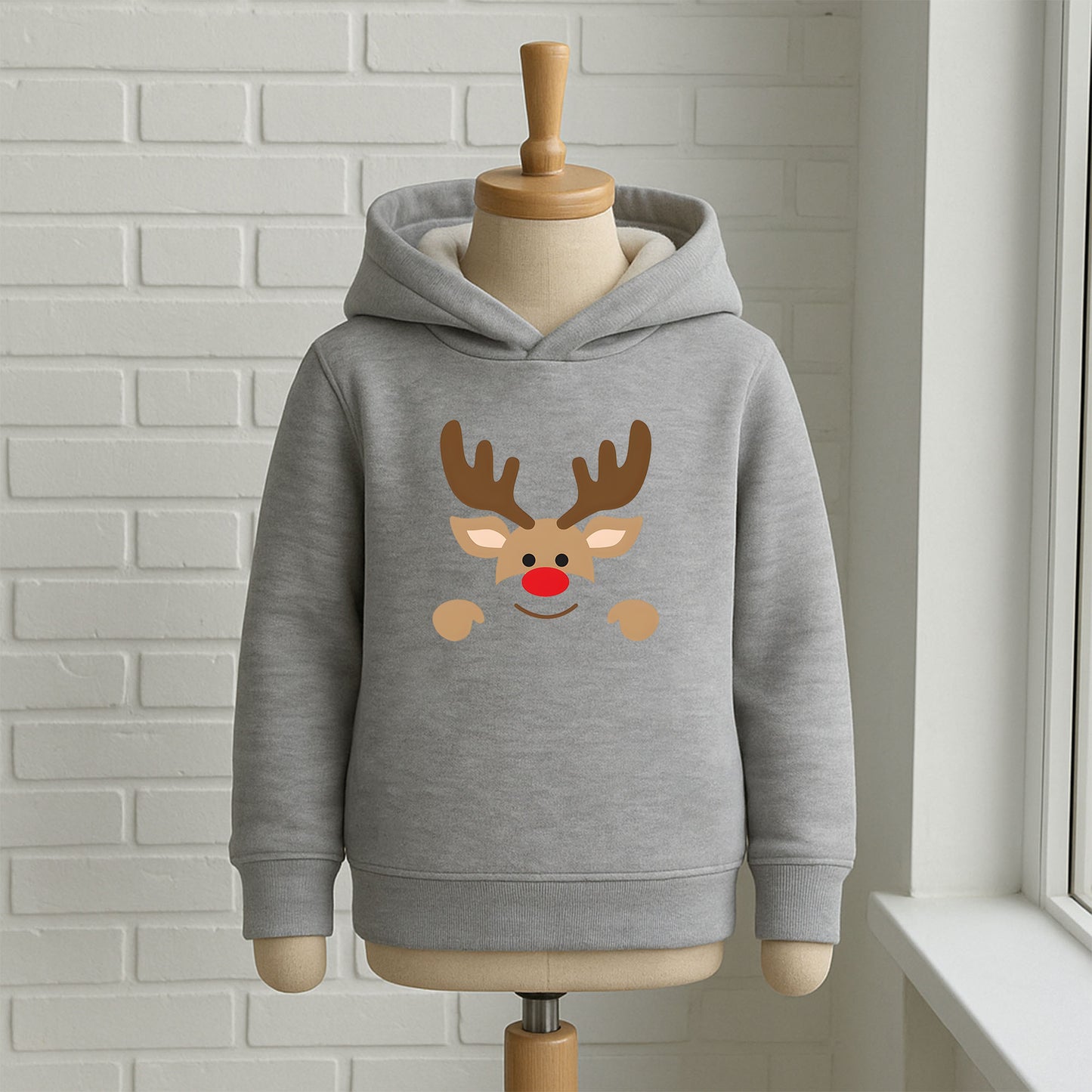 Minimal Kırmızı Burunlu Geyik İkon Bebek & Çocuk Sweatshirt – Sade Yılbaşı Tasarımı