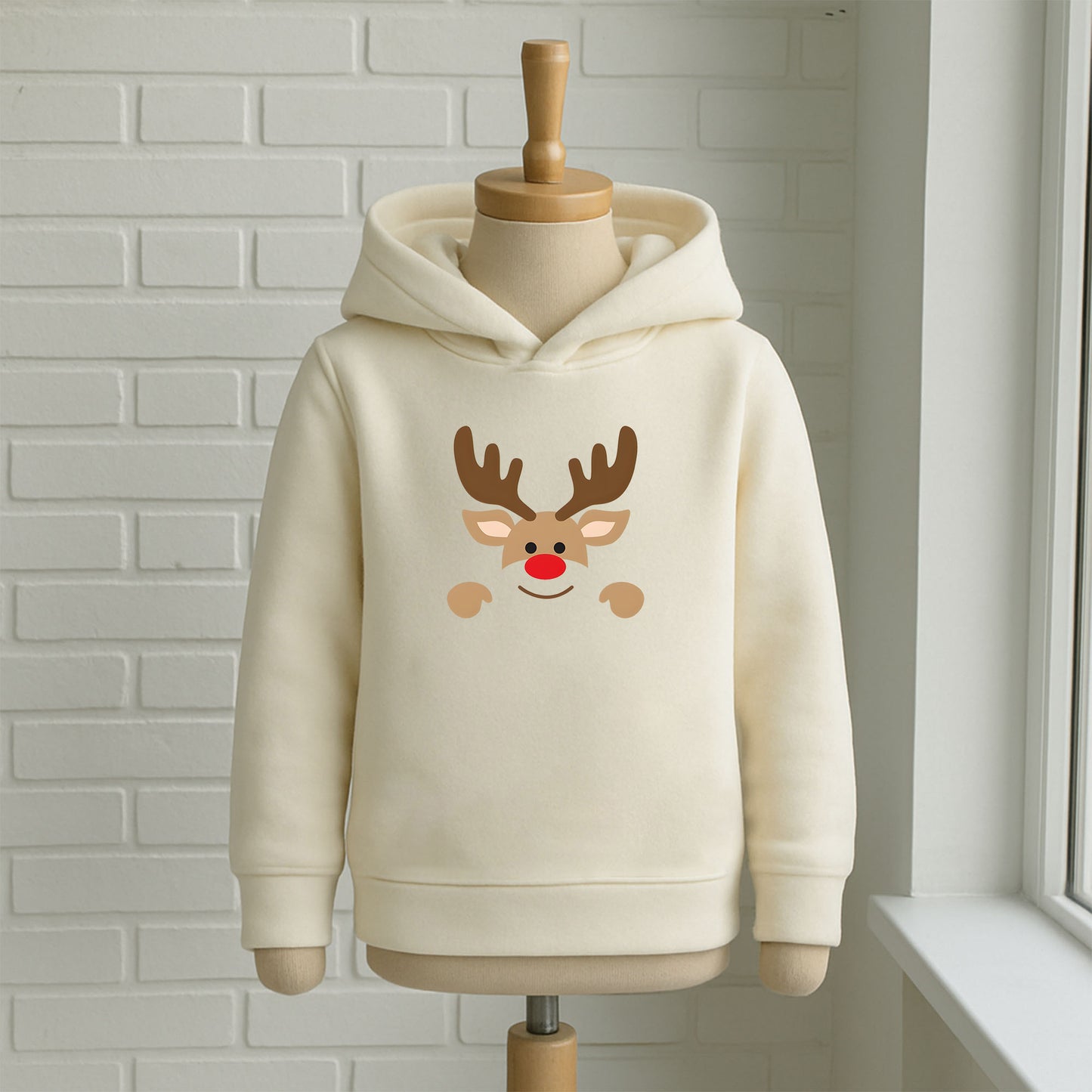 Minimal Kırmızı Burunlu Geyik İkon Bebek & Çocuk Sweatshirt – Sade Yılbaşı Tasarımı