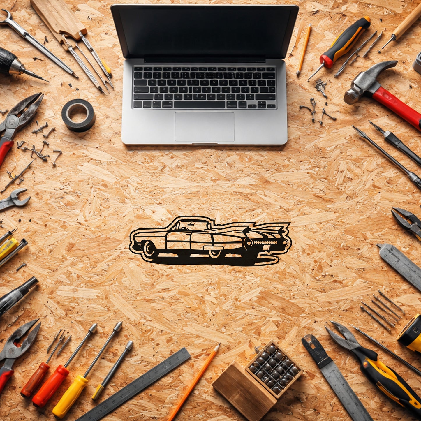 Klasik Cadillac Metal Duvar Tablosu Vintage Araba Silüeti