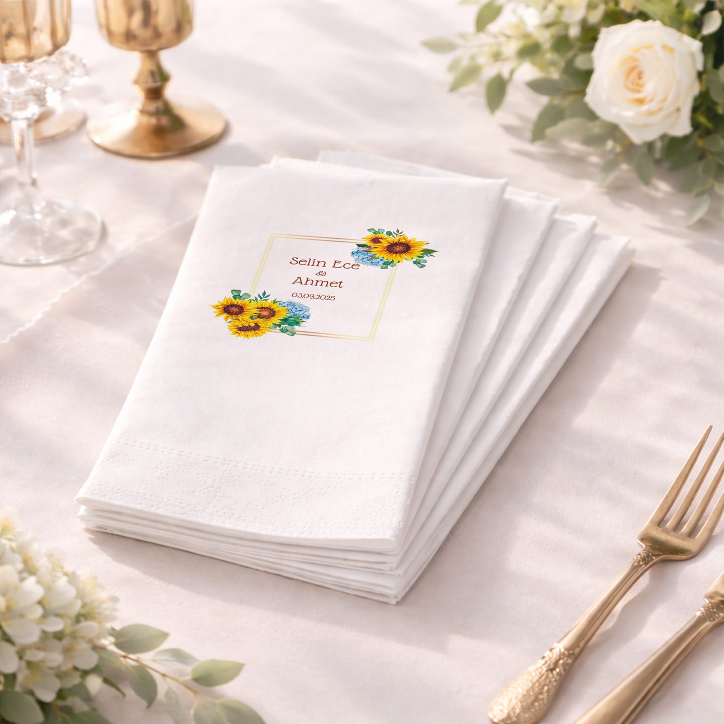 Düğün Nişan Kına İçin Çiçekli Baskılı Peçete – Kişiye Özel Özel Gün Peçetesi
