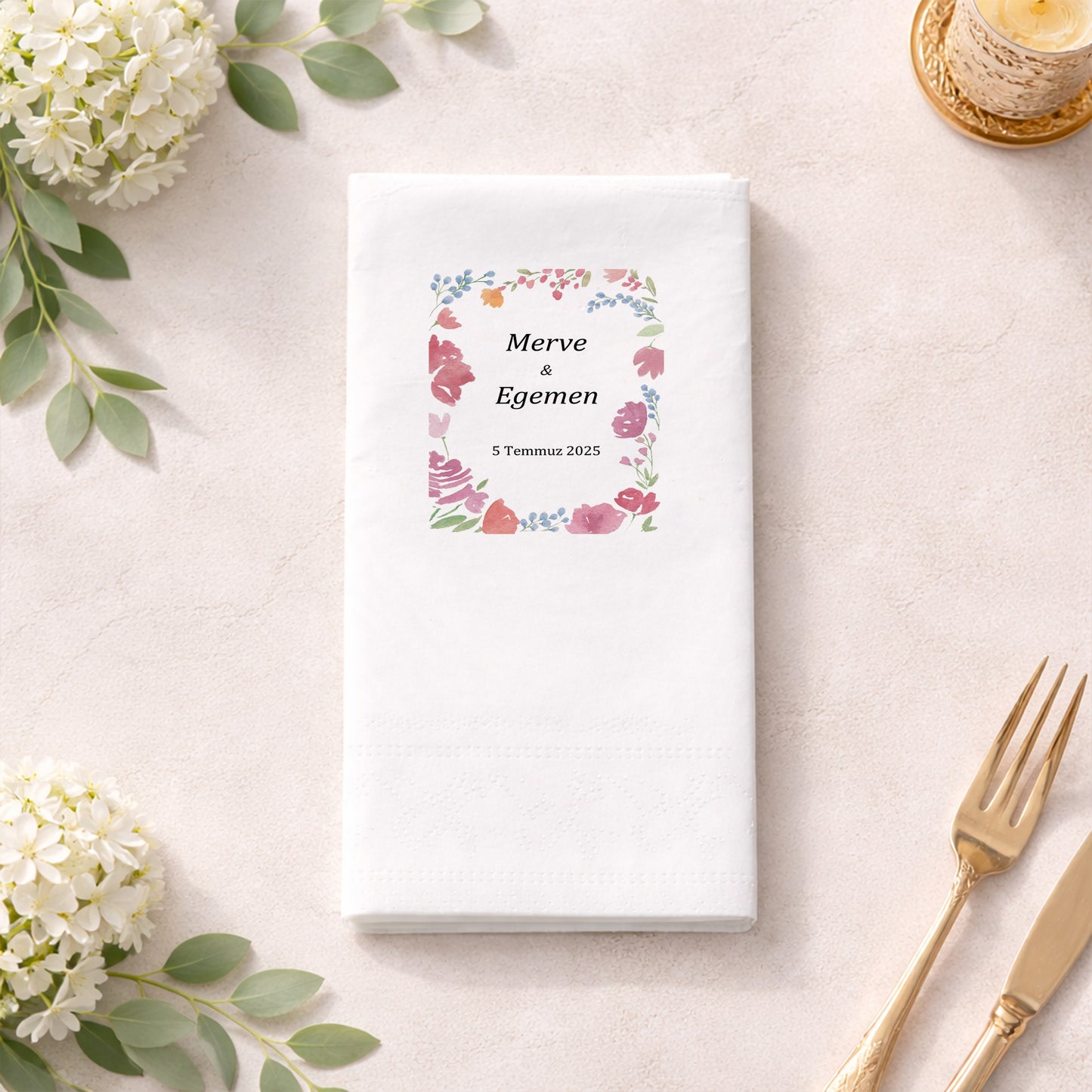 Düğün Nişan Kına İçin Çiçek Çerçeveli Baskılı Peçete – Kişiye Özel Peçete
