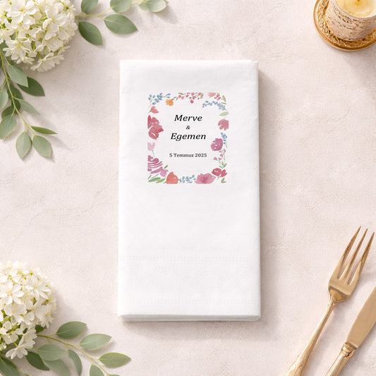 Düğün Nişan Kına İçin Çiçek Çerçeveli Baskılı Peçete – Kişiye Özel Peçete