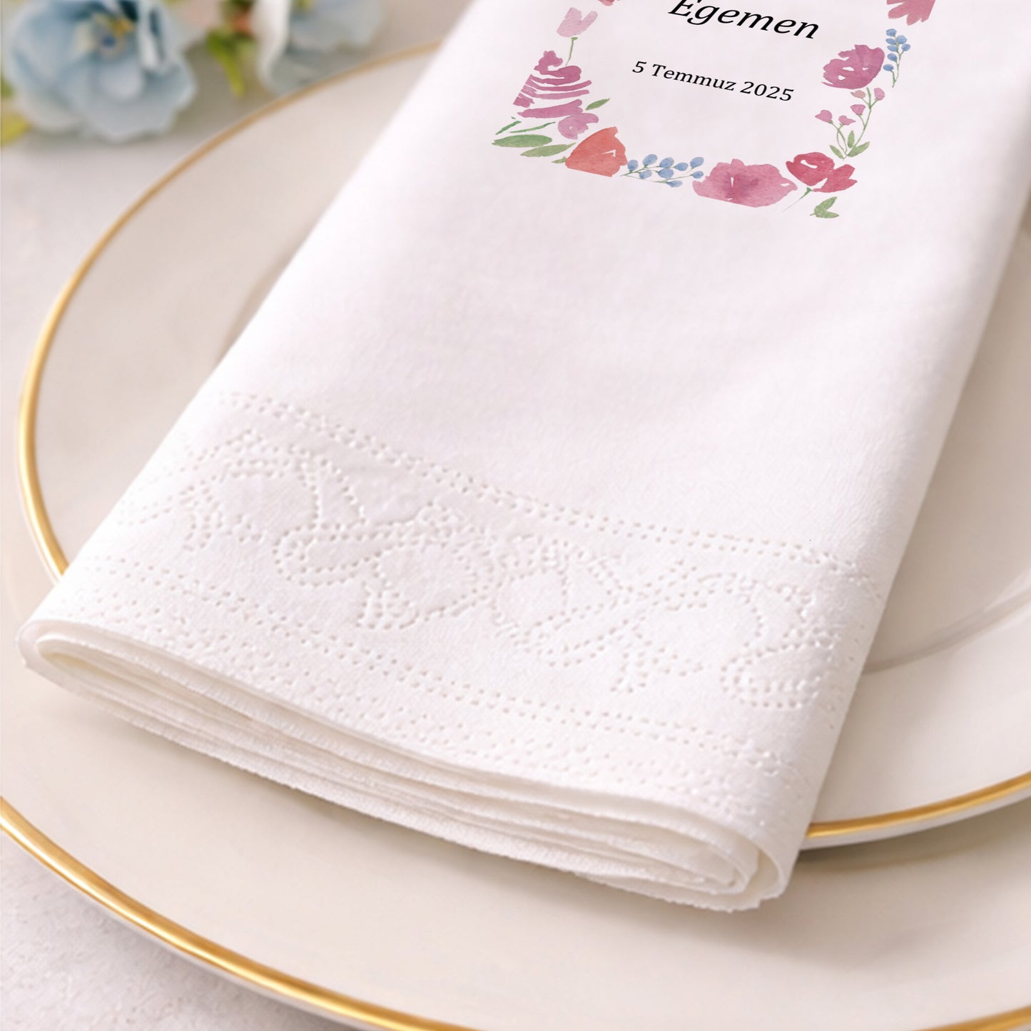 Düğün Nişan Kına İçin Çiçek Çerçeveli Baskılı Peçete – Kişiye Özel Peçete