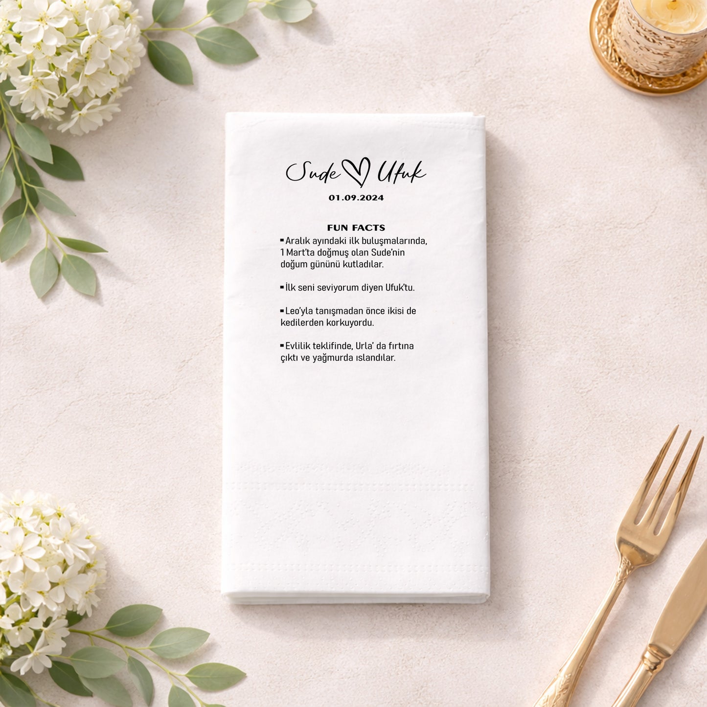 Sude & Ufuk Fun Facts Tasarımlı Düğün ve Nişan Baskılı Peçete