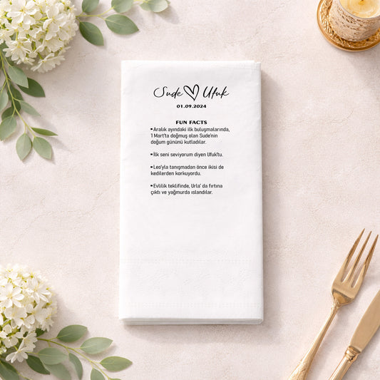 Sude & Ufuk Fun Facts Tasarımlı Düğün ve Nişan Baskılı Peçete