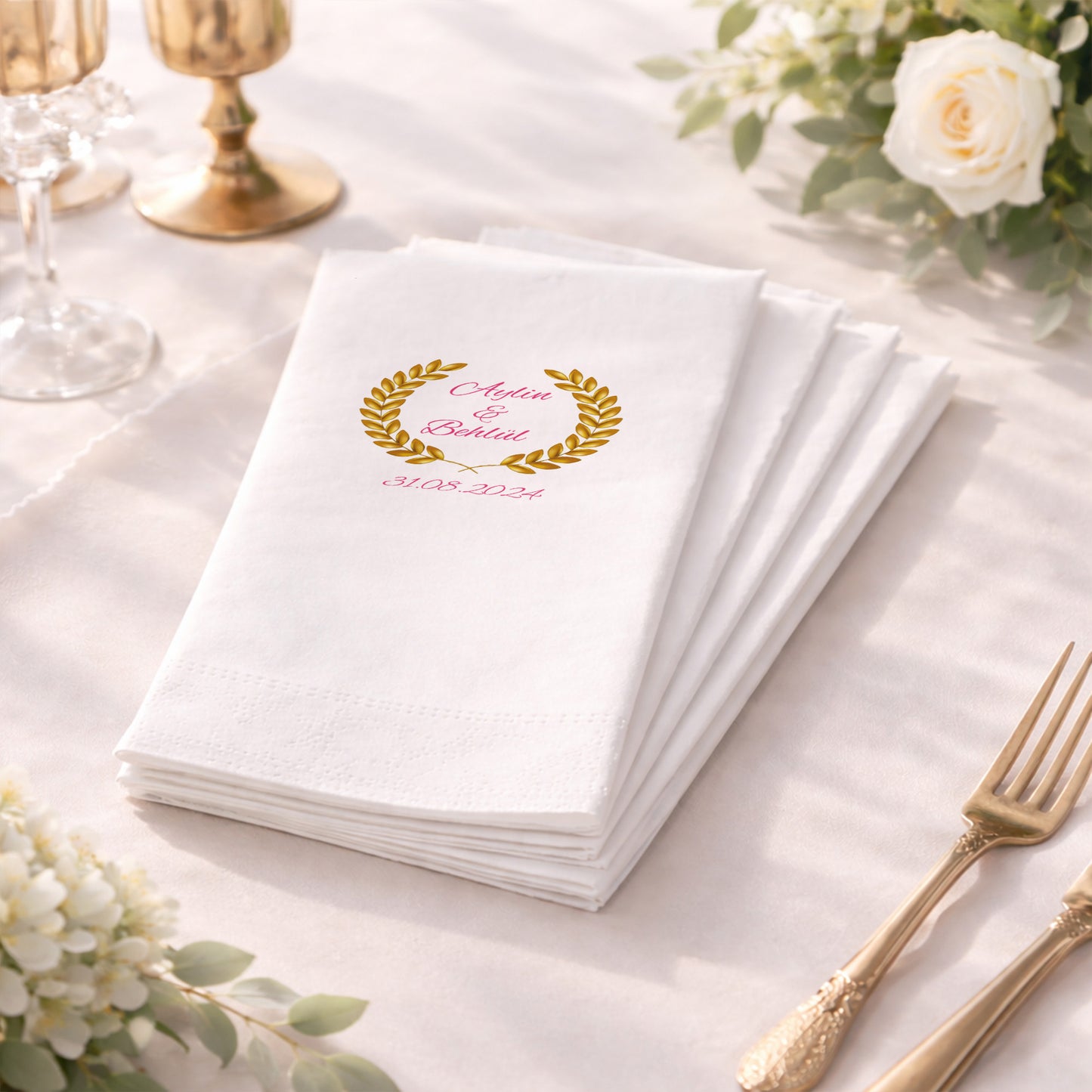 Aylin & Behül Altın Başak Çerçeveli Düğün ve Nişan Baskılı Peçete