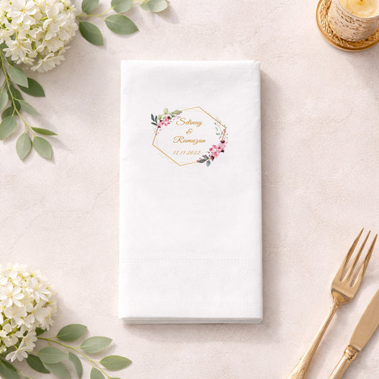 Selinay & Ramazan Çiçekli Gold Çerçeveli Düğün Baskılı Peçete