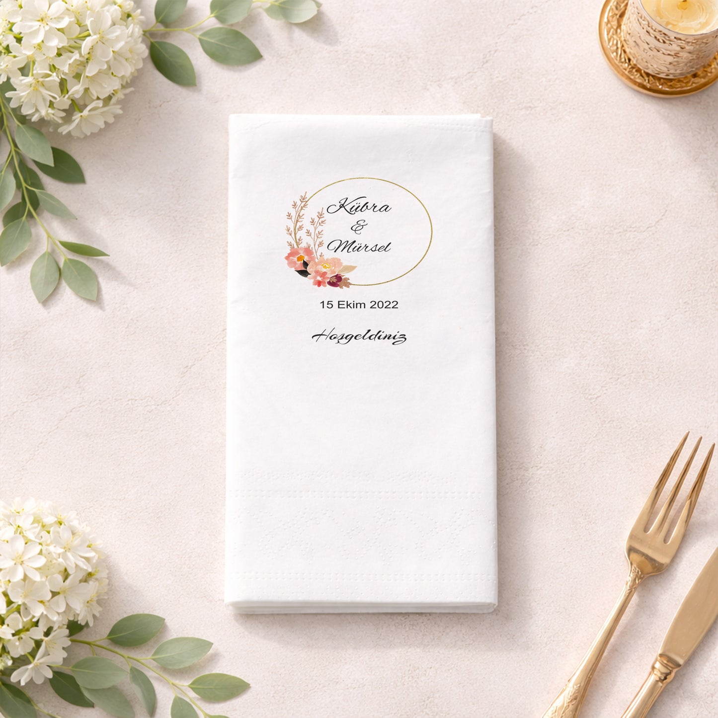 El Yazısı Tipografili İsimli Düğün ve Nişan Peçetesi