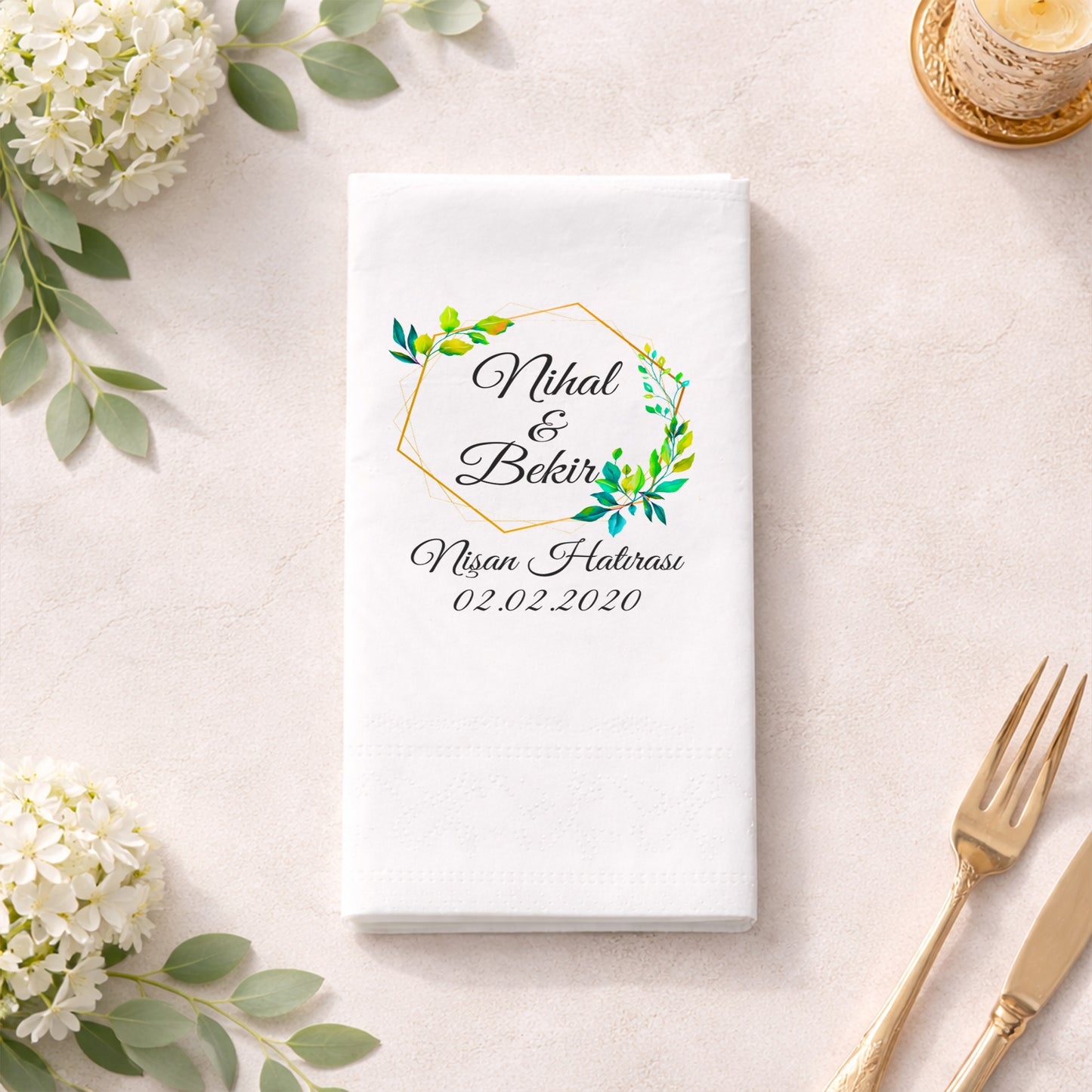Altın Çerçeveli Yeşil Yapraklı Nişan Baskılı Peçete