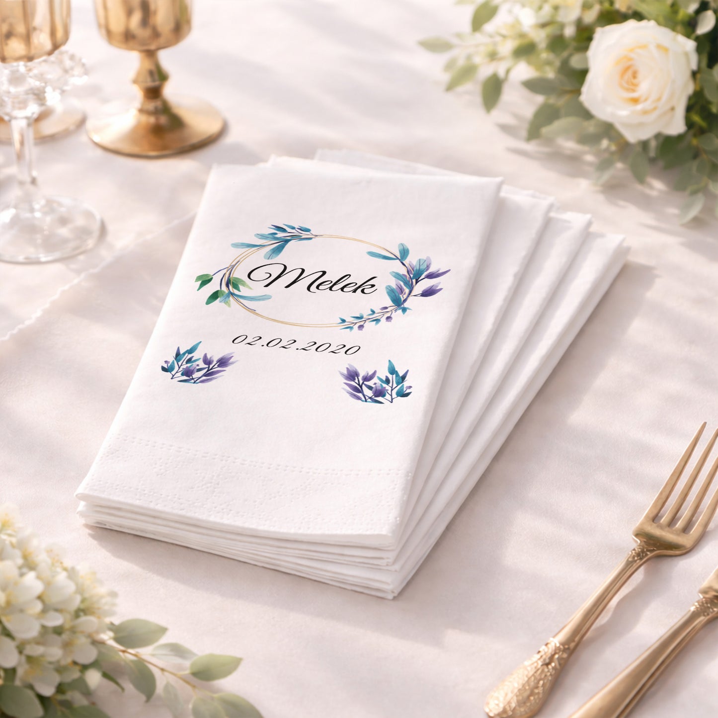 Mavi Yaprak Çelenkli İsimli Özel Gün Baskılı Peçete