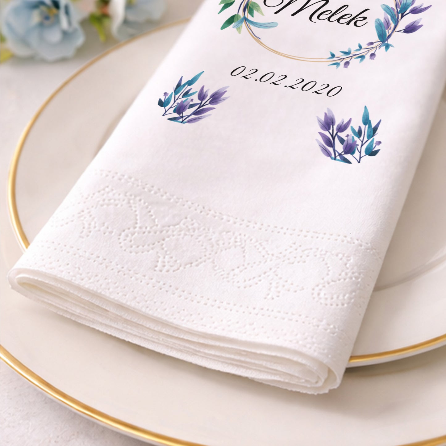 Mavi Yaprak Çelenkli İsimli Özel Gün Baskılı Peçete