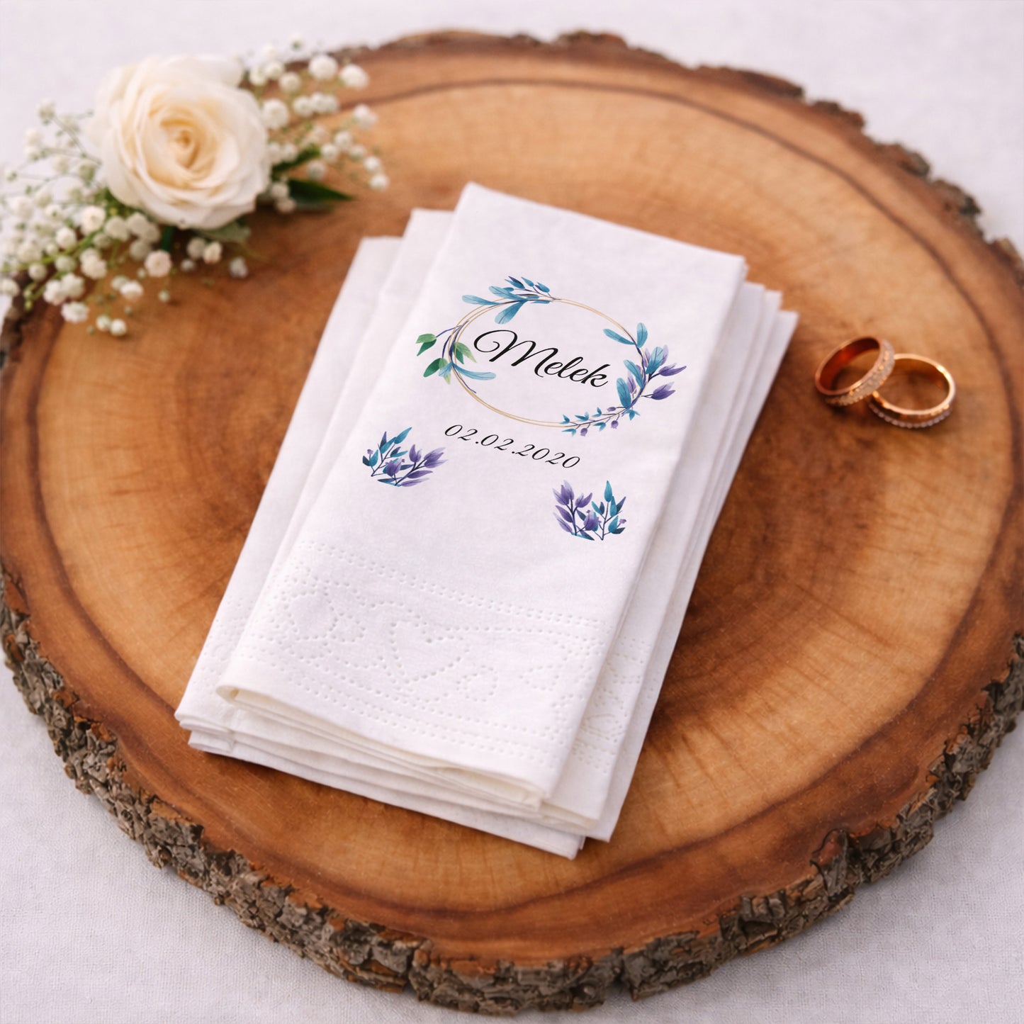 Mavi Yaprak Çelenkli İsimli Özel Gün Baskılı Peçete