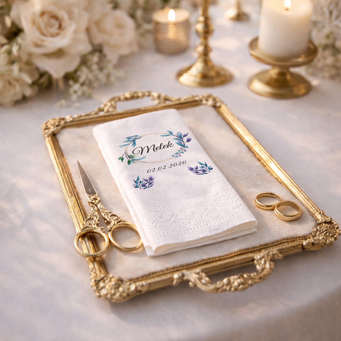 Mavi Yaprak Çelenkli İsimli Özel Gün Baskılı Peçete