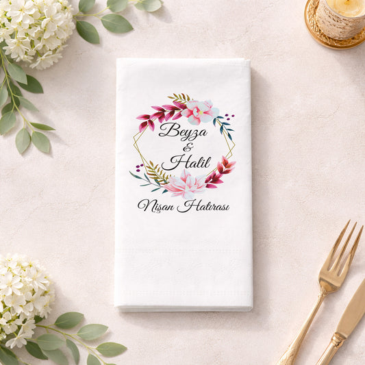 Pembe Çiçekli İsimli Düğün ve Nişan Baskılı Peçete