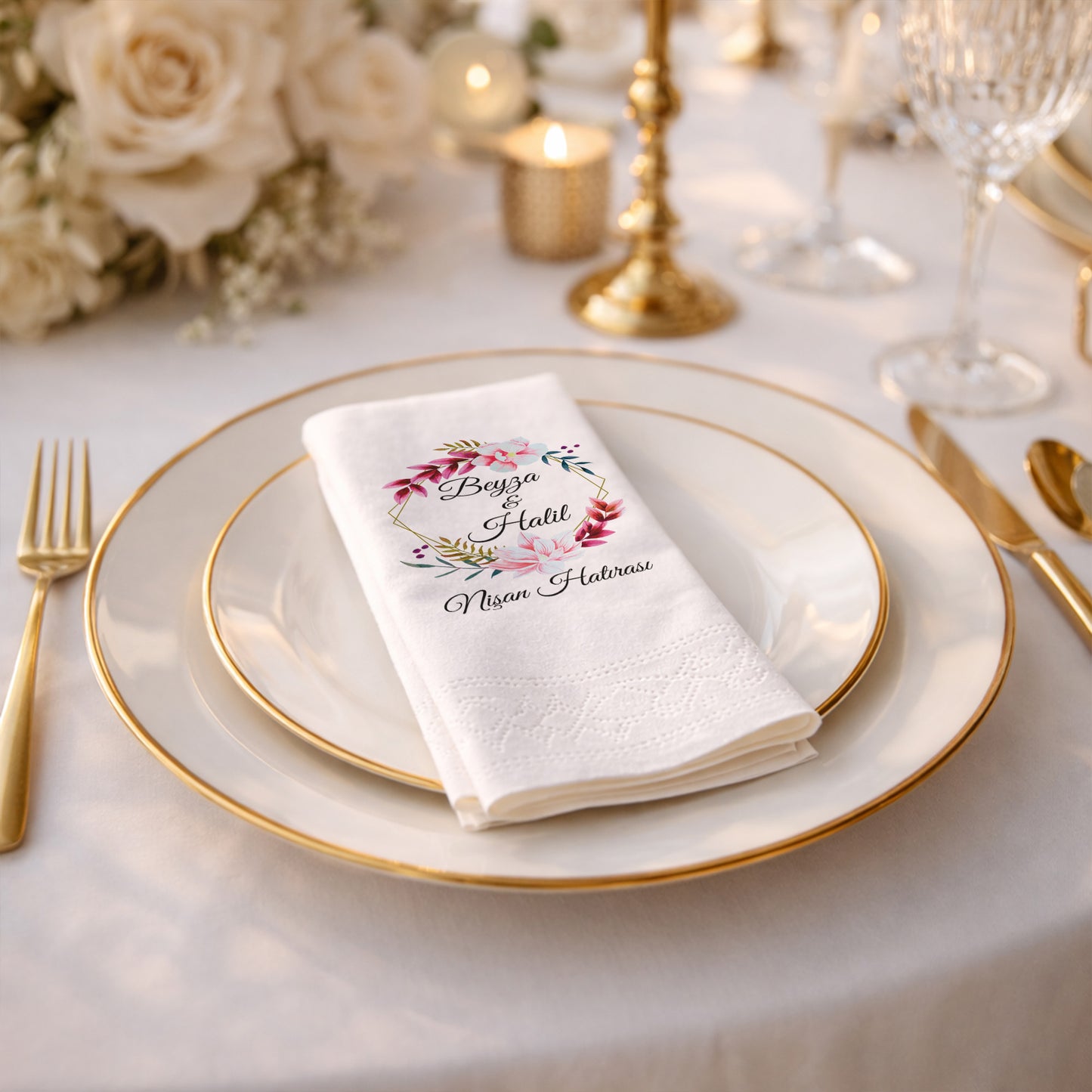Pembe Çiçekli İsimli Düğün ve Nişan Baskılı Peçete