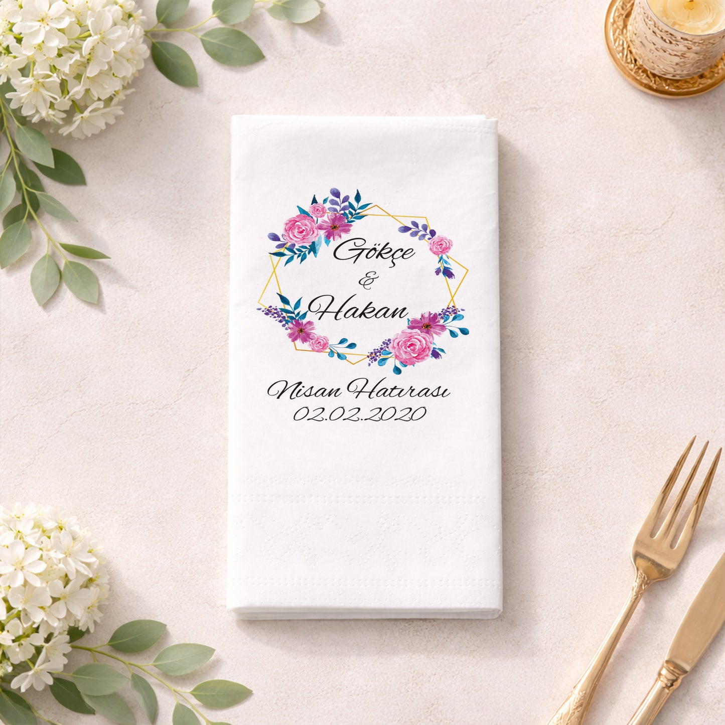 Gül Çerçeveli İsimli Nişan Hatırası Baskılı Peçete