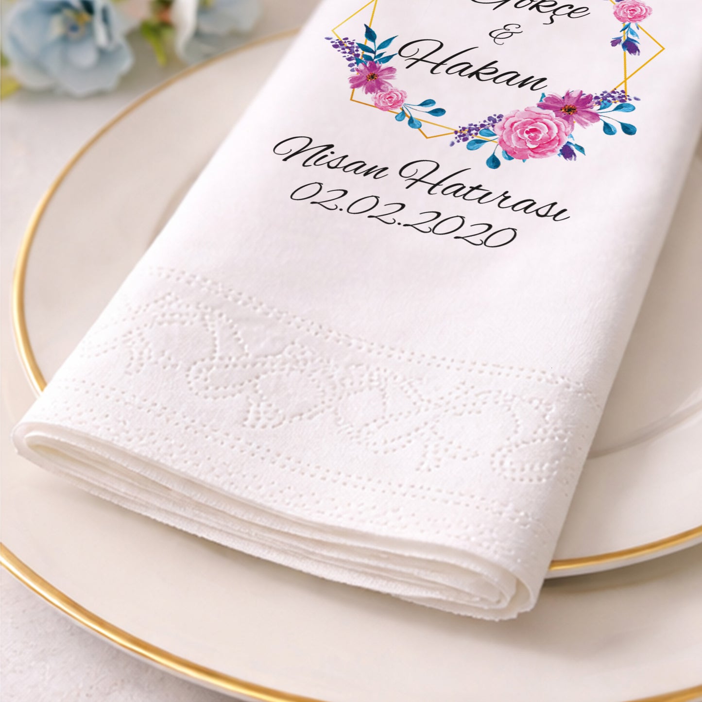 Gül Çerçeveli İsimli Nişan Hatırası Baskılı Peçete