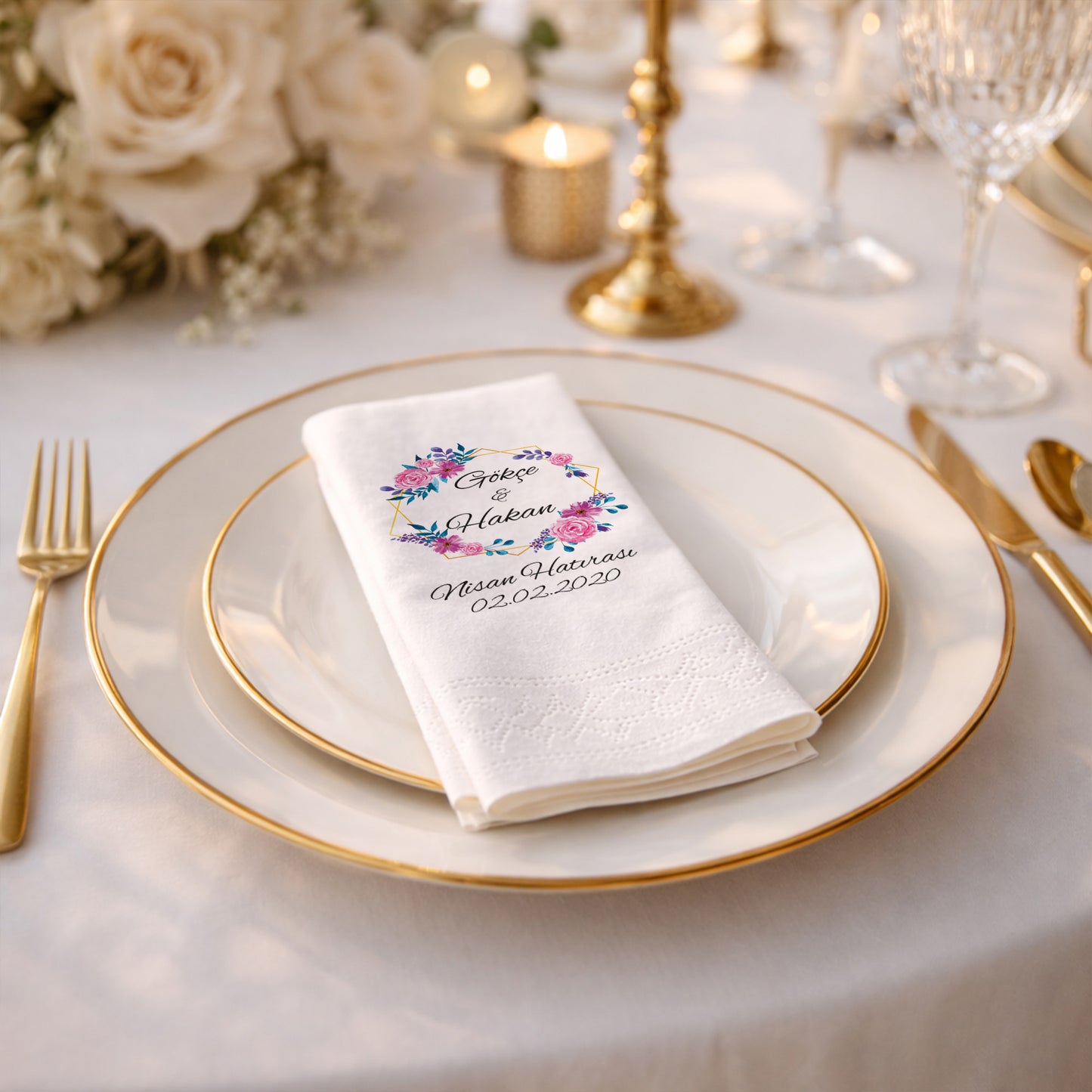 Gül Çerçeveli İsimli Nişan Hatırası Baskılı Peçete