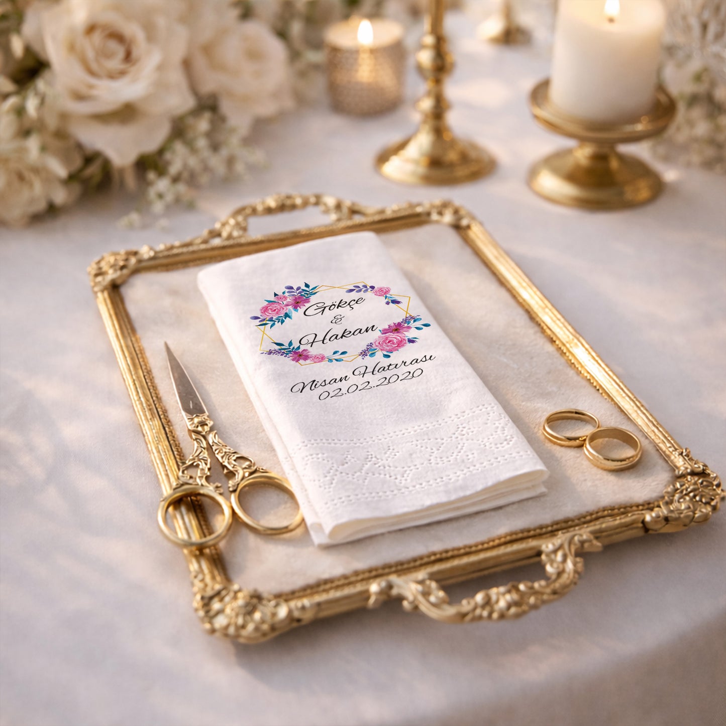 Gül Çerçeveli İsimli Nişan Hatırası Baskılı Peçete