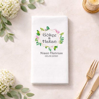 Altın Geometrik Çerçeveli İsimli Nişan Hatırası Baskılı Peçete