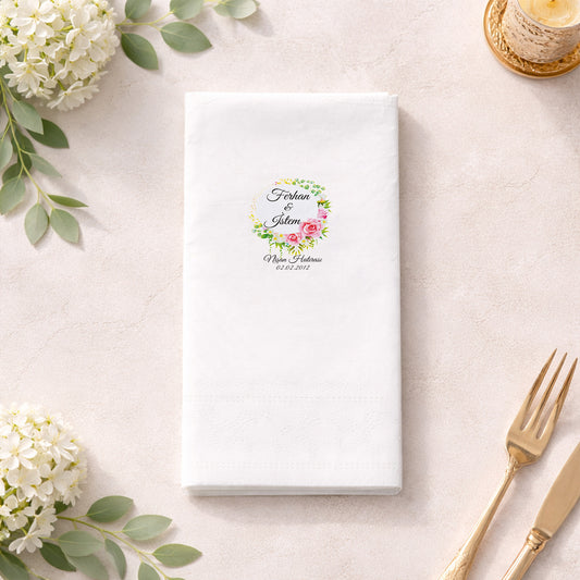 Pembe Gül Detaylı İsimli Nişan Hatırası Baskılı Peçete